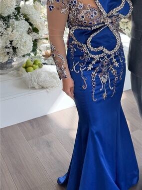Royal Blue Embellished Evening Gown - Women's Formal Dress